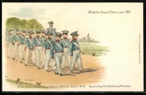 Lithographie Histor. Uniformen des k. bayer. Heeres 1800 /73, Uniform der Kadetten-Corps seit 1825
