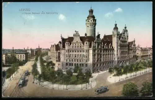 AK Leipzig, neues Rathaus und Rathausring, Strassenbahnen