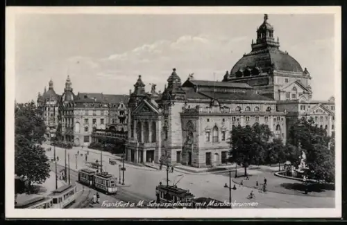 AK Frankfurt a. M., Schauspielhaus mit Märchenbrunnen und Strassenbahnen