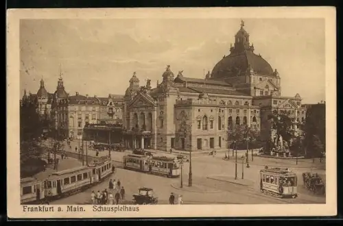 AK Frankfurt a. M., Schauspielhaus, Strassenbahn