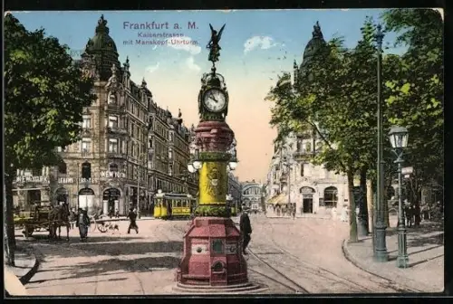 AK Frankfurt a. M., Kaiserstrasse mit New York Lebens-Vers. Ges. und Manskopf-Uhrturm, Strassenbahn