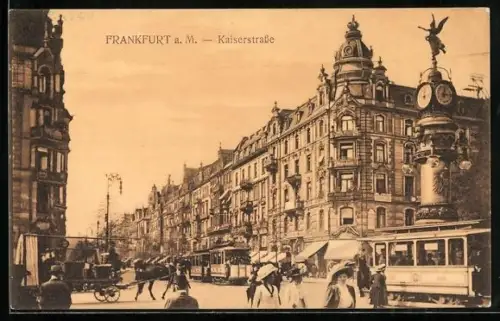 AK Frankfurt a. M., Kaiserstrasse mit Strassenbahnen und Uhrturm