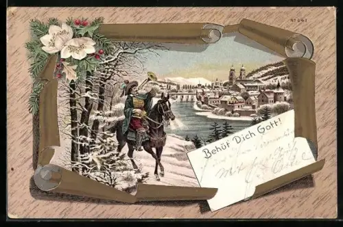 Lithographie Behüt Dich Gott!, Blumen, Der Trompeter von Säckingen zu Pferd