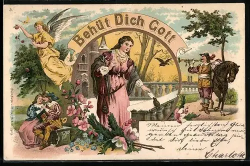 Lithographie Behüt Dich Gott!, Der Trompeter von Säckingen mit Pferd, Engel