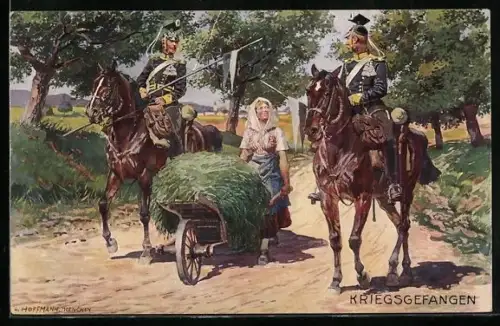 Künstler-AK Ad.Hoffmann: Kriegsgefangen, Kriegsgefangen, Ulanen flirten mit Bauernmädchen