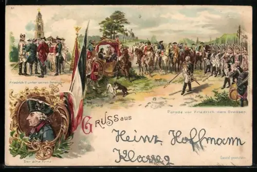 Lithographie Parade vor König Friedrich II. (der Grosse), König Friedrich II. unter seinen Generälen, Der alte Fritz