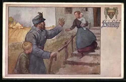 AK Deutscher Schulverein Nr. 697: Heimkehrender Soldat wird von seiner Familie begrüsst