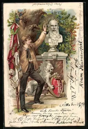 AK Sportler setzt einen Kranz auf die Büste von Turnvater Jahn