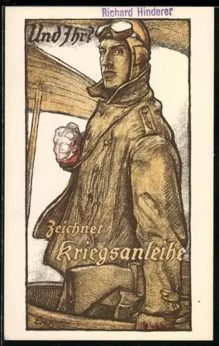 Künstler-AK Aufruf Zeichnet Kriegsanleihe, Bordschütze am MG eines Flugzeugs