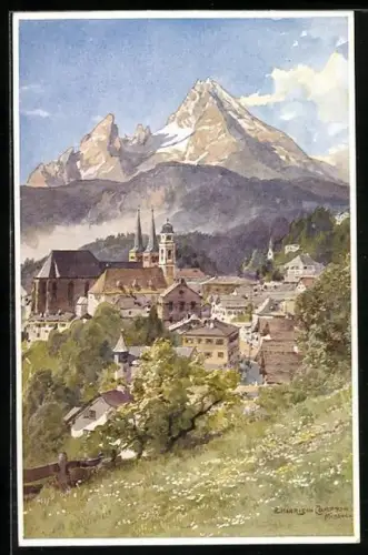 Künstler-AK Berchtesgaden, Blick über den Ort zum Watzmann