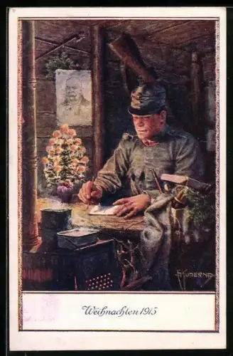 Künstler-AK Franz Kuderna: Weihnachten 1915, Soldat in Bunker