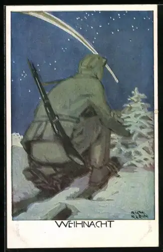 Künstler-AK Richard Klein: Soldat auf Skiern