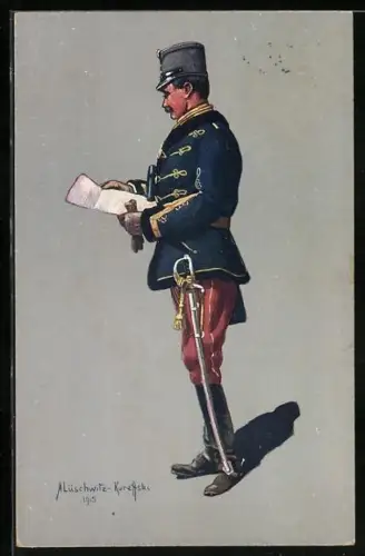 Künstler-AK A. Lüschwitz-Kureffski: Oesterreich-ungarischer Husarenstabsoffizier in Felduniform