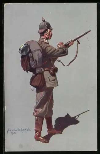 Künstler-AK A. Lüschwitz-Kureffski: Infanterist des 4. Garde-Regiments zu Fuss (Berlin), Felduniform, Gewehrladen