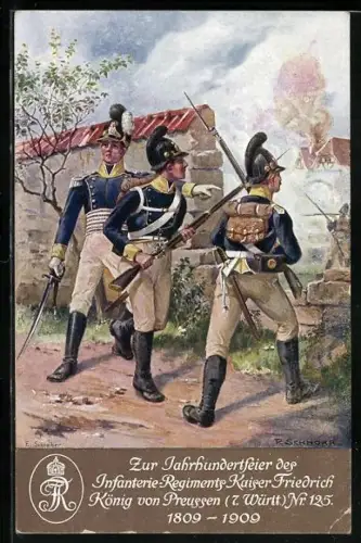 AK Inf.-Rgt. Kaiser Friedrich Nr. 125, Jahrhundertfeier 1909, Festpostkarte, Soldaten beim Häuserkampf