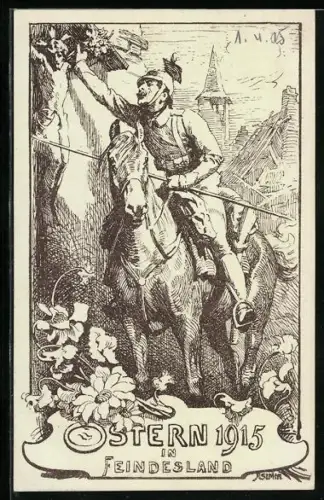 AK Ostern 1915 in Feindesland, deutscher Ulane steckt Blumenstrauss an Flurkreuz am Wegesrand, Pferd