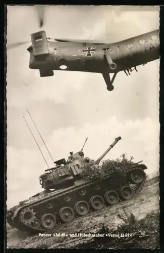 AK Heeres-Panzer M 48 und Luftwaffen-Hubschrauber Vertol H 21 im Manöver, Bundeswehr