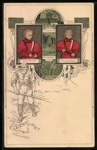 Künstler-AK sign. Waldemar Müller: Fürstenbrunn, Sage vom Prinzenraub, Blockhaus, Prinzenhöhle bei Stein
