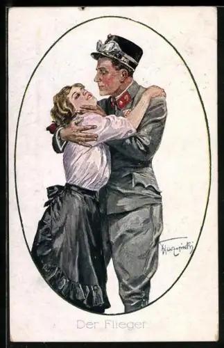 Künstler-AK Der Flieger, Österreichischer Pilot und Mädel, Soldatenliebe