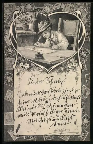 AK Knabe schreibt einen langen Brief, Briefmarken Bayerns und des Deutschen Reichs