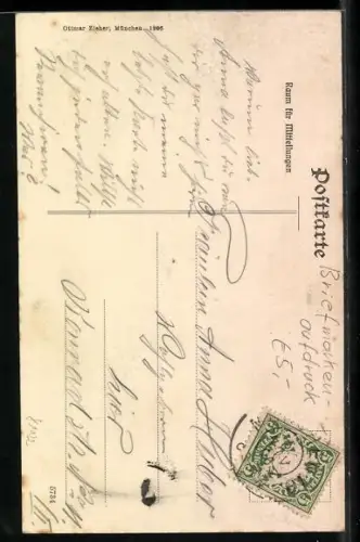 AK Knabe schreibt einen langen Brief, Briefmarken Bayerns und des Deutschen Reichs