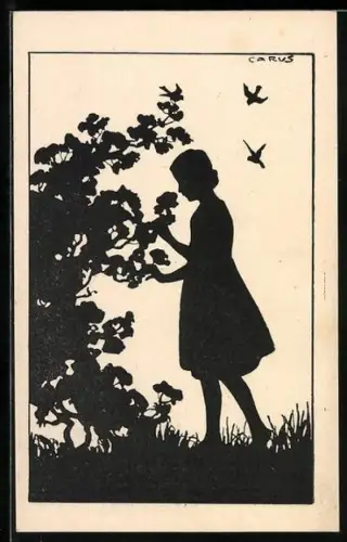Künstler-AK Carus: Mädchen riecht an Blüten, Schattenbild