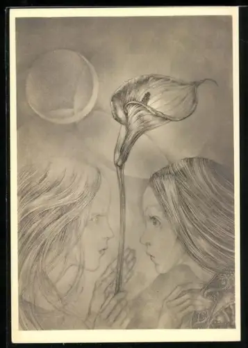 Künstler-AK Sulamith Wülfing: Der letzte Gruss, Mädchen mit Blume schauen sich an