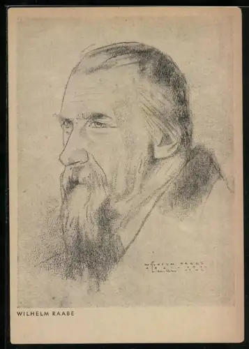 Künstler-AK Portraitzeichnung Wilhelm Raabe im Halbprofil