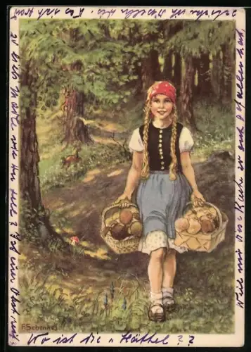 Künstler-AK Franziska Schenkel: Mädchen mit Körben voller Pilze im Wald