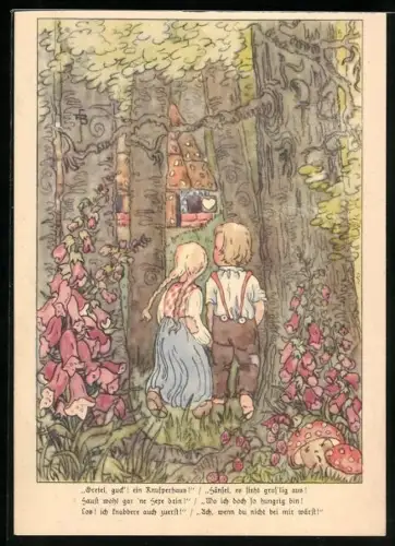 AK Hänsel und Gretel beobachten das Lebkuchenhaus der Hexe