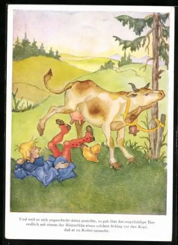 Künstler-AK sign. B. Weber: Hans im Glück, Und weil er sich ungeschickt dabei anstellte..., Märchen