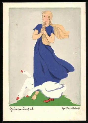 Künstler-AK Gänseliesel mit Gänsen auf einer Wiese, Märchen