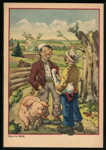 Künstler-AK A. W. Paul, Hans im Glück, Motiv aus dem Märchen