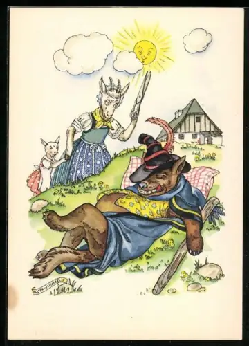 Künstler-AK Reklame für Indanthren, die Geissenmutter will dem Wolf mit der Schere den Bauch aufschneiden