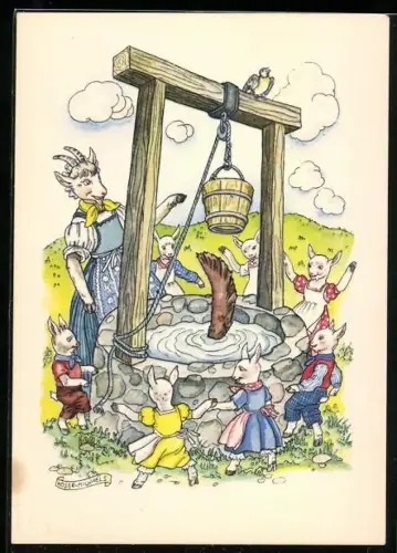 Künstler-AK sign. Koser-Michaels: Reklame Indanthren, Der Wolf und die sieben Geisslein, Der Wolf ist tot