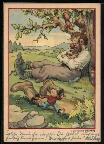 AK der kleine Däumling stiehlt dem Riesen die Stiefel, Märchen