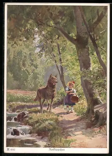 Künstler-AK P. Hey: Rotkäppchen, Begegnung mit dem Wolf im Wald, Märchen der Gebrüder Grimm