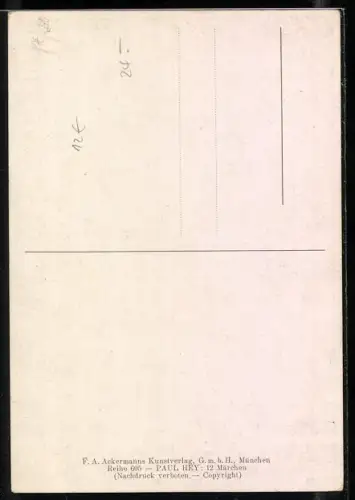 Künstler-AK P. Hey: Rotkäppchen, Begegnung mit dem Wolf im Wald, Märchen der Gebrüder Grimm