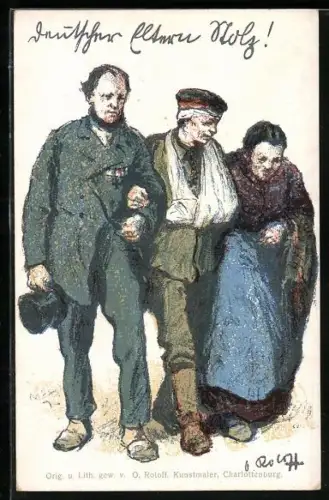 Künstler-AK Deutscher Eltern stolz, Verwundeter Soldat mit Eltern