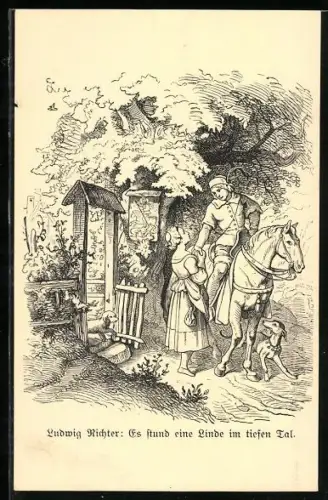 Künstler-AK Ludwig Richter: Es stund eine Linde im tiefen Tal, Abschiedsszene