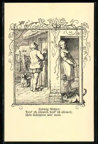 Künstler-AK Ludwig Richter: Mann klopft an der Tür einer Frau