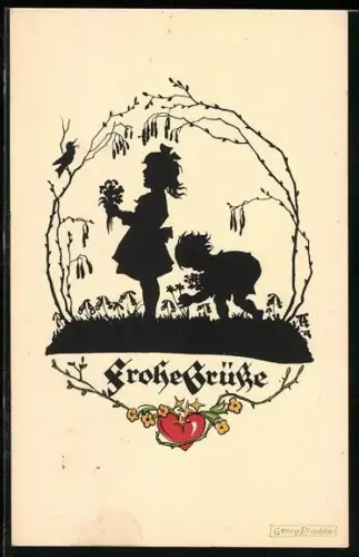 Künstler-AK Georg Plischke: zwei Mädchen pflücken Blumen auf einer Wiese