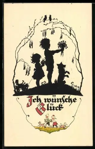 Künstler-AK Georg Plischke: Kinder mit Blumen, Hund, Puppe