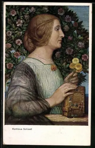 Künstler-AK Matthäus Schiestl: Dame mit kostbarem Buch und Blumen