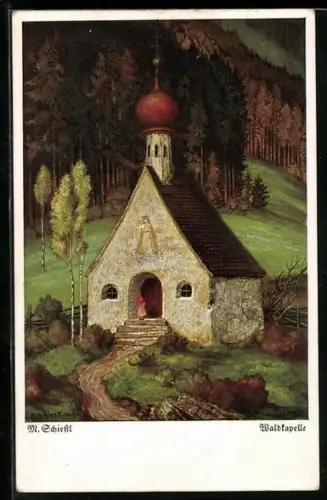 Künstler-AK Matthäus Schiestl: Waldkapelle, Landidyll