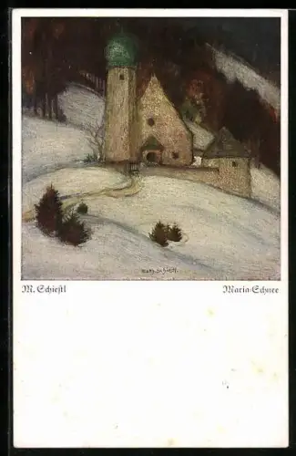 Künstler-AK Matthäus Schiestl: Kirche in verschneiter Landschaft