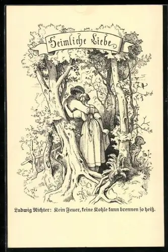 Künstler-AK Ludwig Richter: Heimliche Liebe Liebespaar im Waldversteck