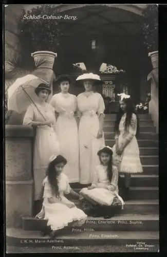 AK Grossherzogin Marie-Adelheid von Luxemburg mit den Prinzessinnen Antonia, und Hilda vor Schloss Colmar-Berg