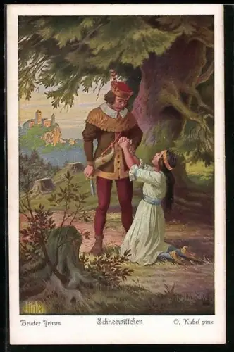 Künstler-AK Otto Kubel: Nr. 2, Schneewittchen, Jäger m. einem Messer, Das flehende Schneewittchen kniet vor ihm