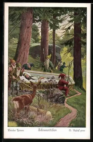 Künstler-AK Otto Kubel: Zwerge betten Schneewittchen in gläsernen Sarg